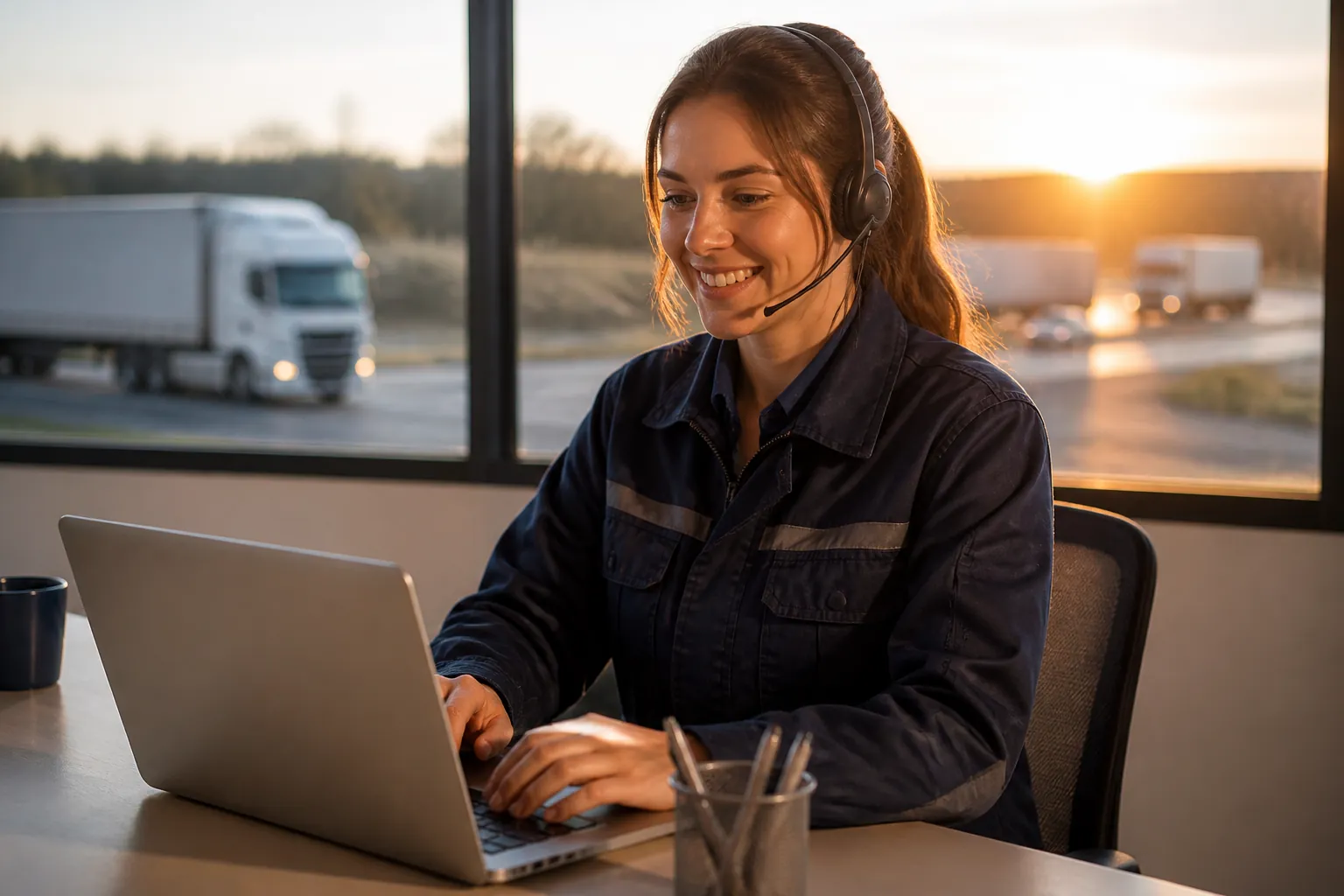 A young sales agent in a blazer and headset smiling on a call at her laptop