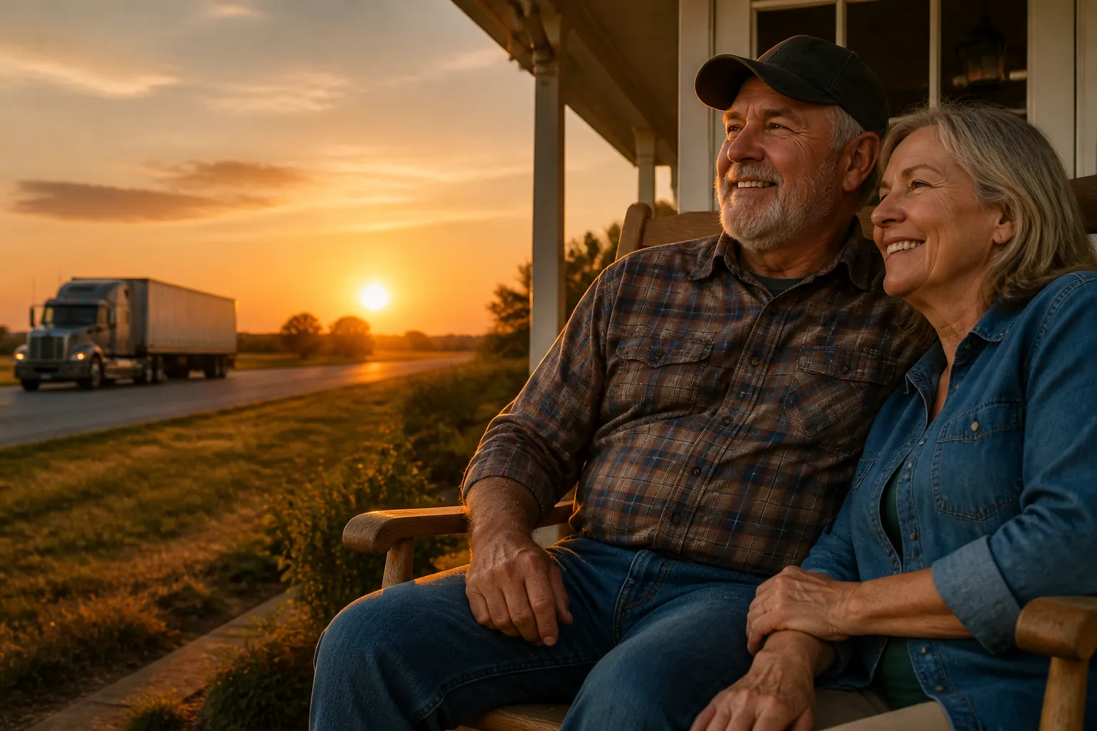A retired truck driver and his wife smiling on their porch at sunset