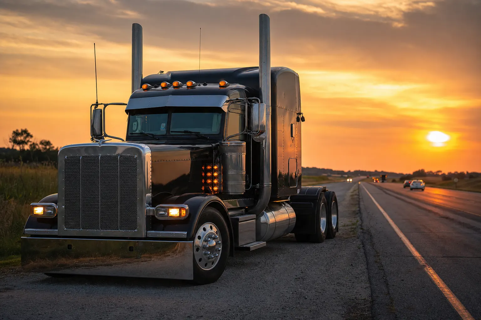 A semi-truck on the highway at sunset